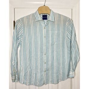 Tommy Bahama Mens‎ Long Sleeve Button Front Shirt Blue White Stripes Large Linen